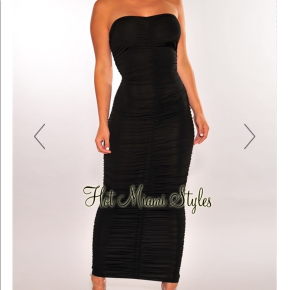 Black Strapless Ruched Midi Dress - Picture 3 of 7
